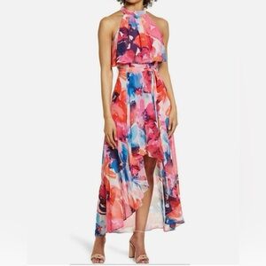 Eliza J Floral Halter Neck Popover Floral Maxi Dress Pink Multi Mock Size 10